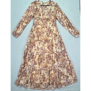 Lucky Brand Womens Floral Paisley Tiered Mesh Maxi Dress Brown Medium